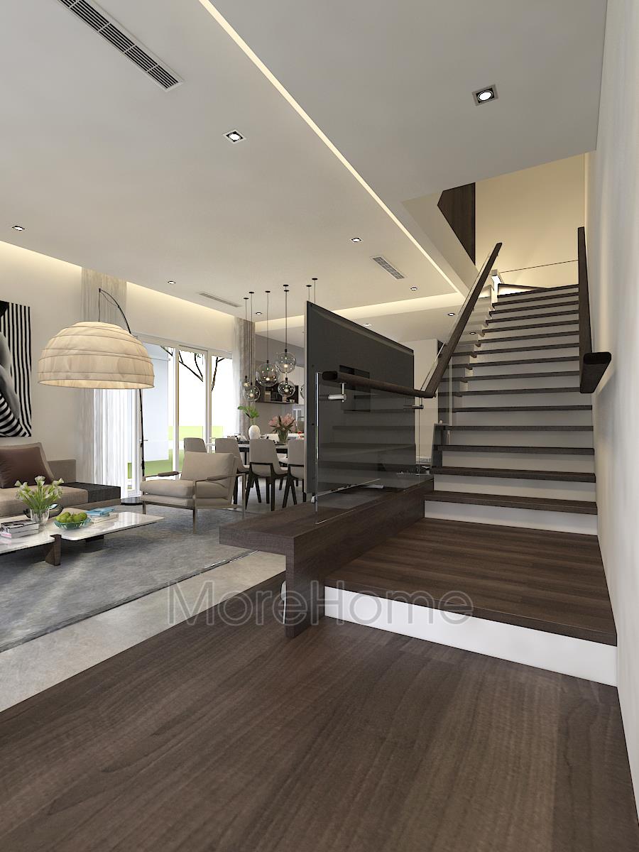  2 Mẫu cầu thang gỗ kính cho nhà biệt thự